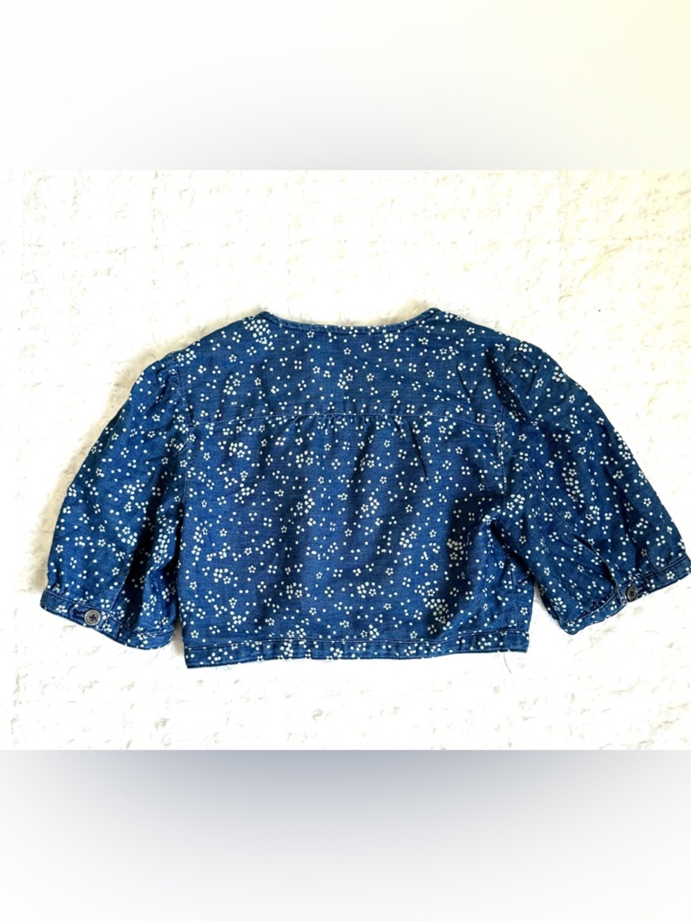 Free People Boho Cottagecore Blue Floral Crop Blouse Size 2 (XS) Puff Sleeve - Picture 7 of 10